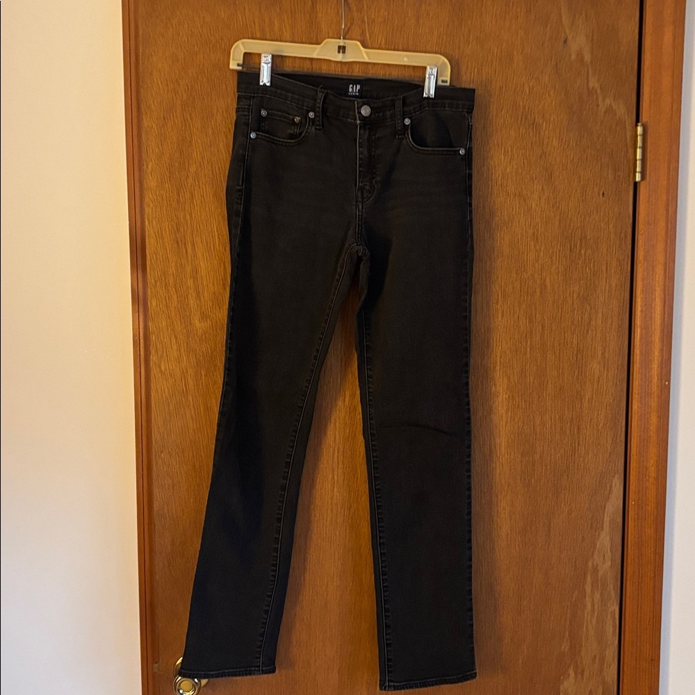 Gap jeans, faded black.Little bit of stretch makes them so comfy. Straight leg.